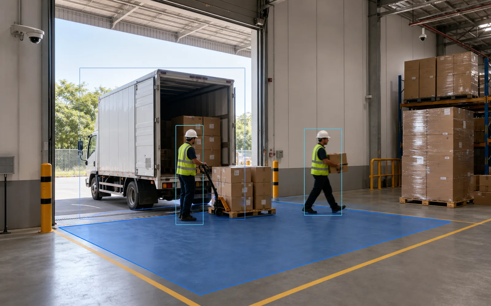 Lager-Entladezone mit Lkw, Beschäftigten, markierter Arbeitsfläche und festen Kameras