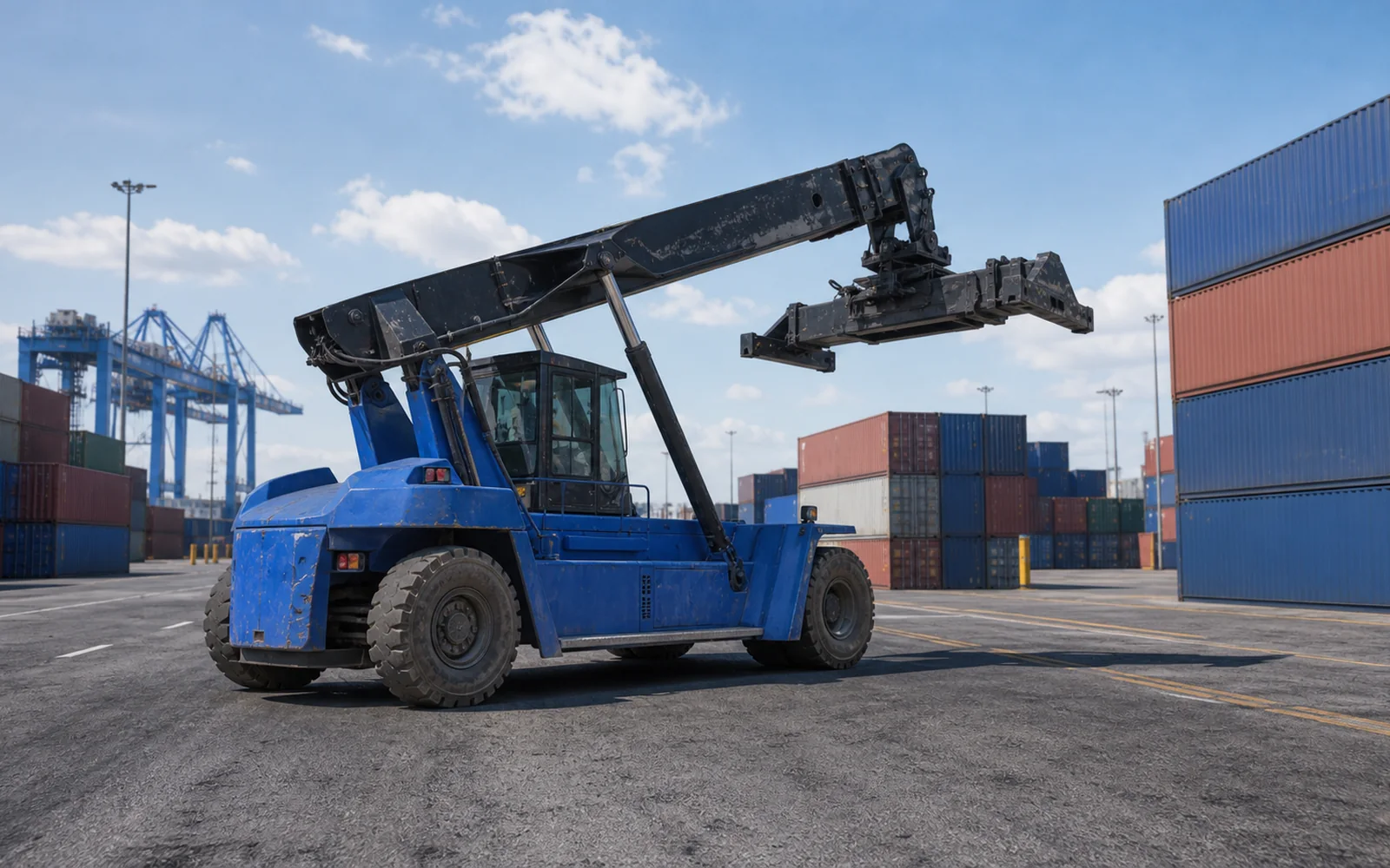 Synthetische Hafenszene mit Reachstacker, Containern und Portalkranen